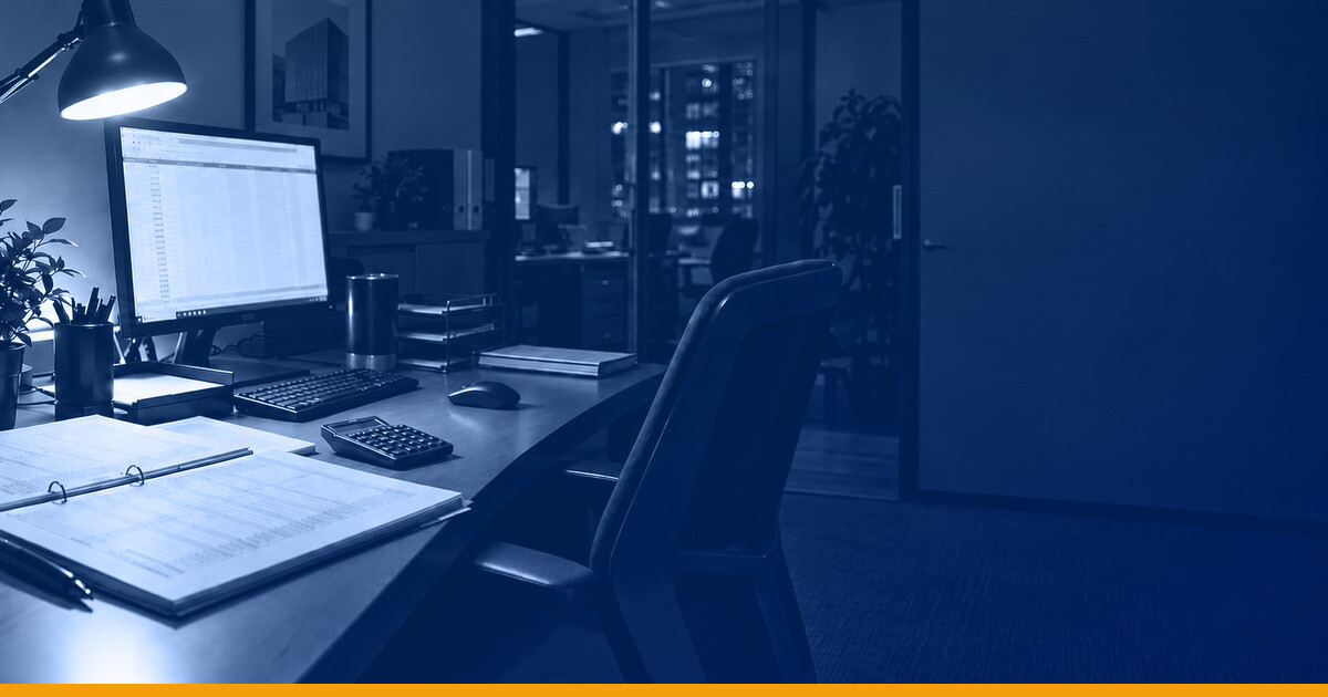 A property management desk after hours with a printed tenant ledger and a spreadsheet on screen, lit by a single lamp, under a Kardin navy gradient overlay.