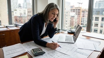 Professional woman in navy blazer reviews financial spreadsheets at her desk while on a phone call, with a laptop, calculator, and city skyline visible through the office window.