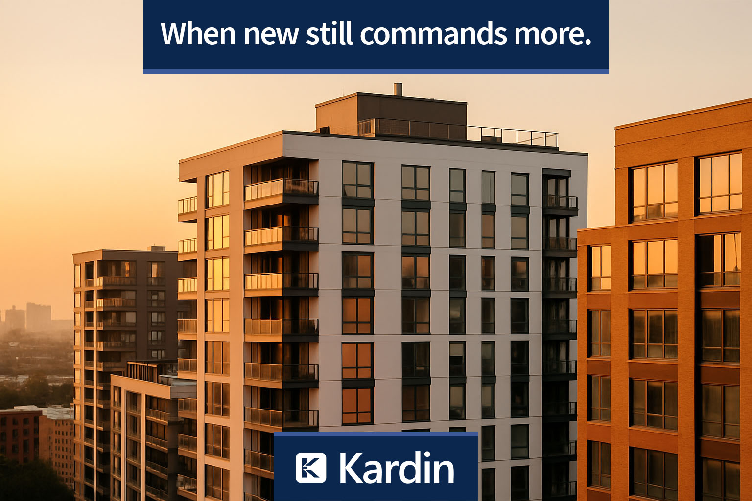 A warm, golden-hour view of modern apartment buildings with sunlight reflecting off their windows. Text on image reads: “When new still commands more.” and “Kardin.”