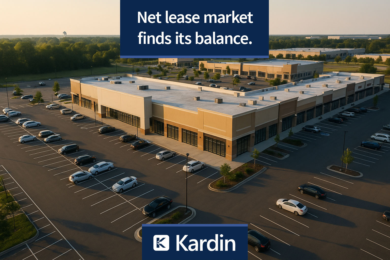 A high-resolution aerial photograph of a modern suburban retail and industrial area at golden hour, showing neatly arranged parking lots and commercial buildings. The image conveys balance and stability, reflecting the resilience of the net lease market.
