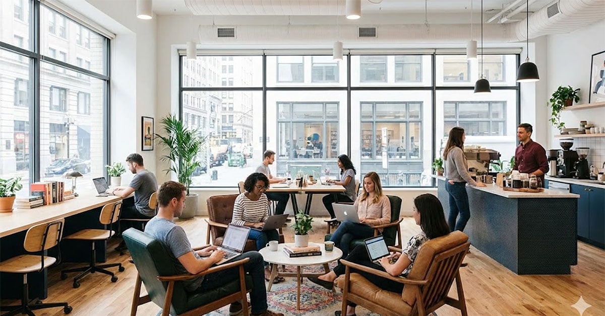 Modern flexible office space interior featuring large floor-to-ceiling windows, casual lounge seating, and a hospitality-focused coffee bar area, illustrating the trend of 'hotelification' in commercial real estate.