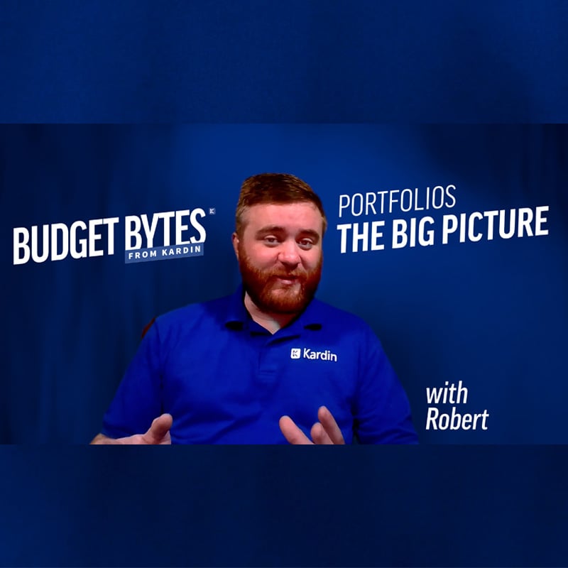 Budget Bytes from Kardin video thumbnail. Presenter Robert, wearing a blue Kardin polo shirt, introduces "Portfolios: The Big Picture."
