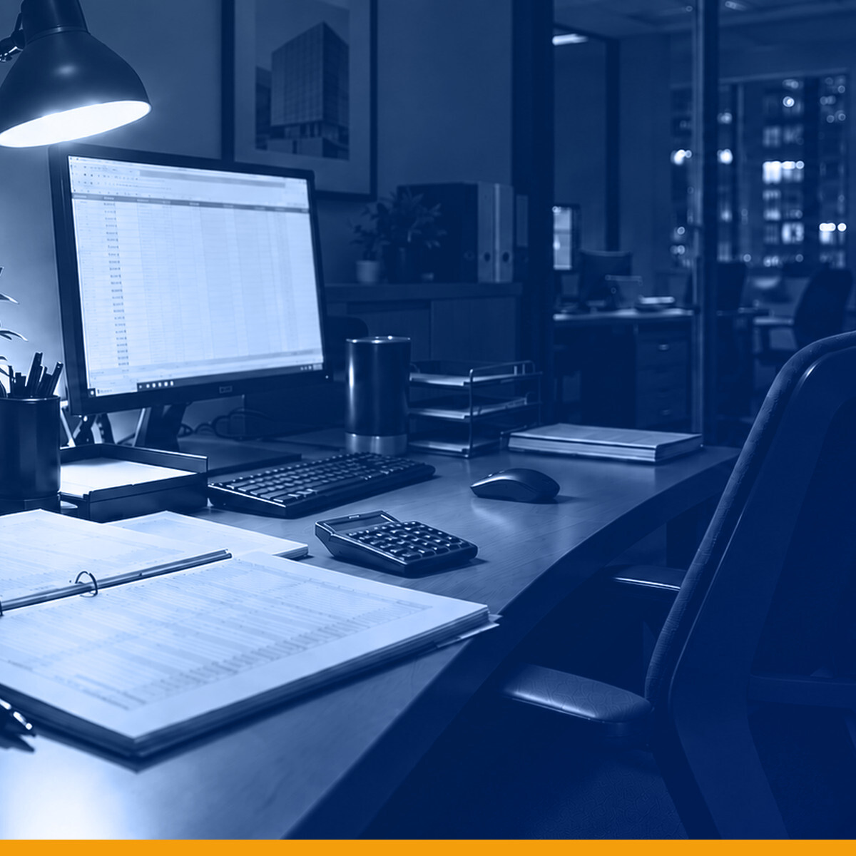 A property management desk after hours with a printed tenant ledger and a spreadsheet on screen, lit by a single lamp, under a Kardin navy gradient overlay.
