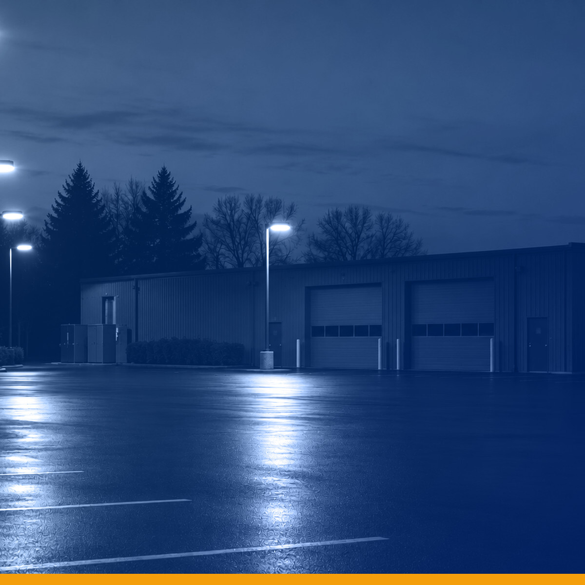 A sealed parking lot at dusk with lit maintenance bays under a Kardin navy gradient overlay.