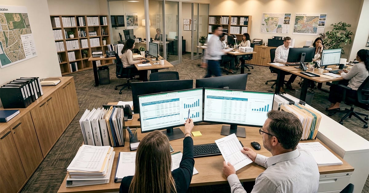 Two CRE professionals reviewing detailed budget spreadsheets and bar charts on dual monitors in a busy property management office, surrounded by stacks of reconciliation documents and binders, with colleagues working at desks in the background.