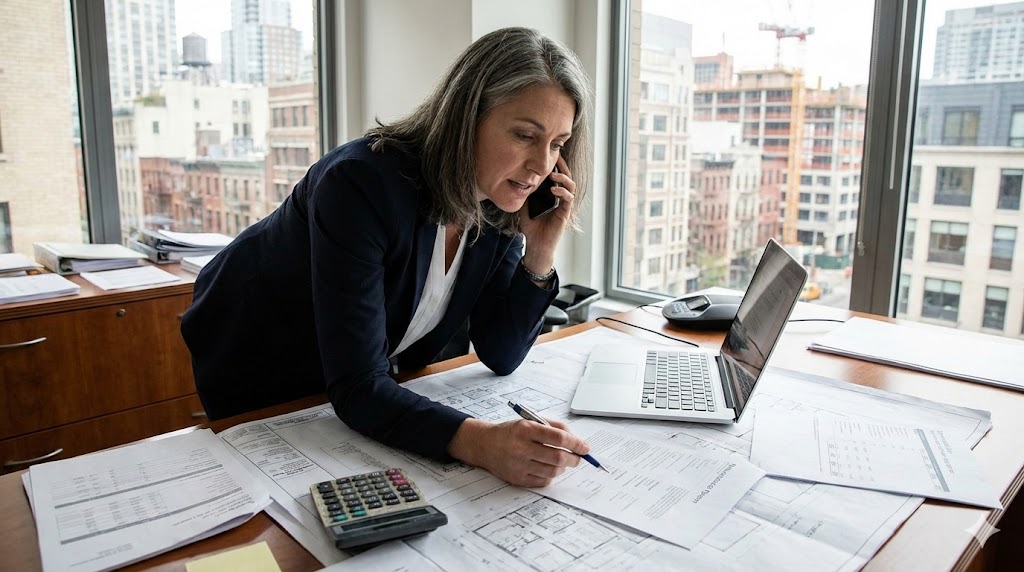 Professional woman in navy blazer reviews financial spreadsheets at her desk while on a phone call, with a laptop, calculator, and city skyline visible through the office window.